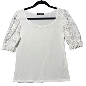 Kim & Cami White Ribbed Puff Sleeve Lace Top T Shirt Women Medium